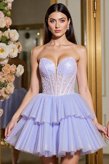 Lavender Strapless Tulle Corset Appliqued Homecoming Dress